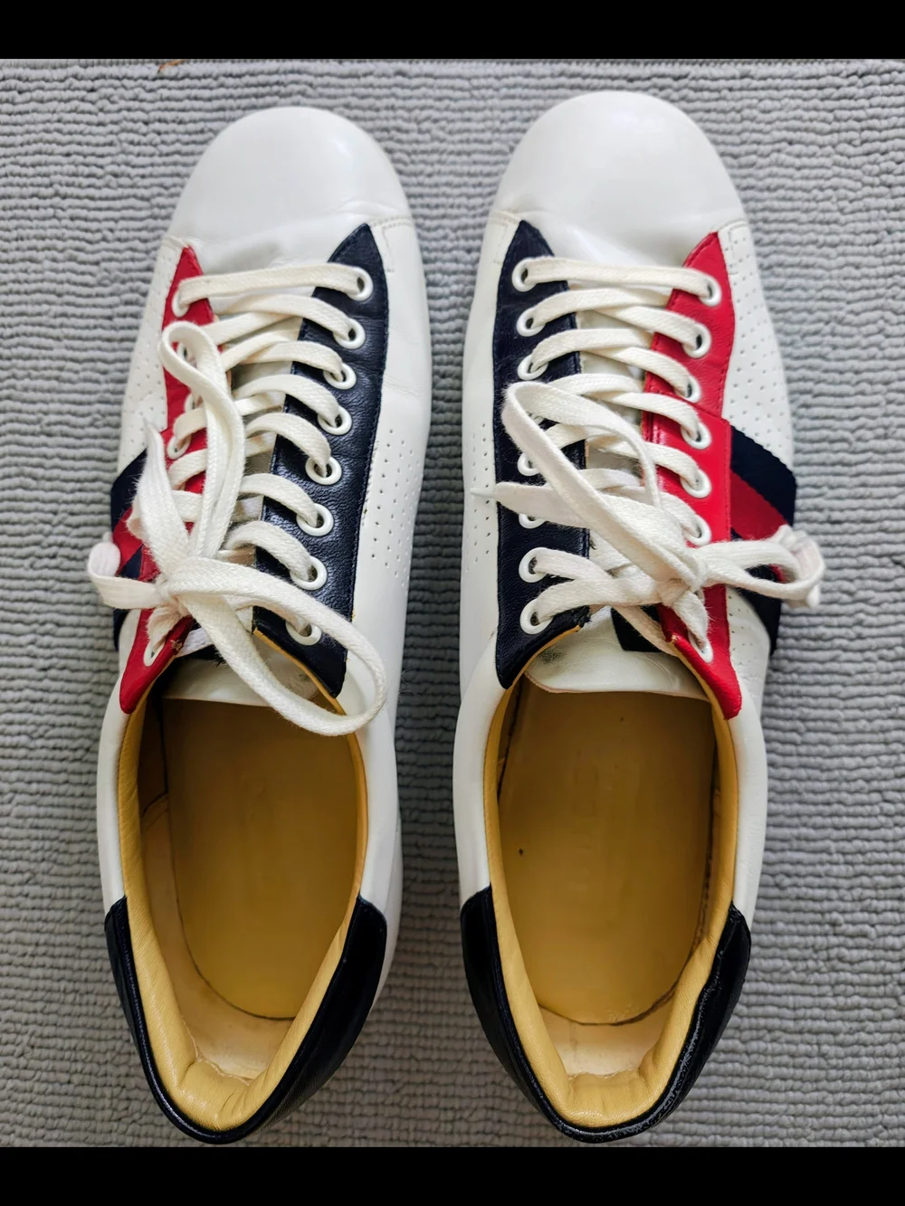 Gucci White Leather Sneakers with Red & Blue Web Stripe